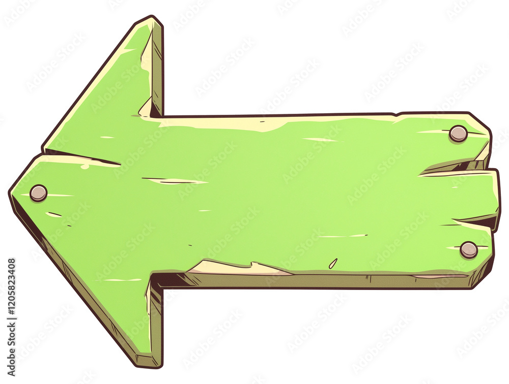 Poster green wooden arrow sign with rustic appearance and visible screws, isolated on transparency background. sign has weathered look, adding vintage charm to its design