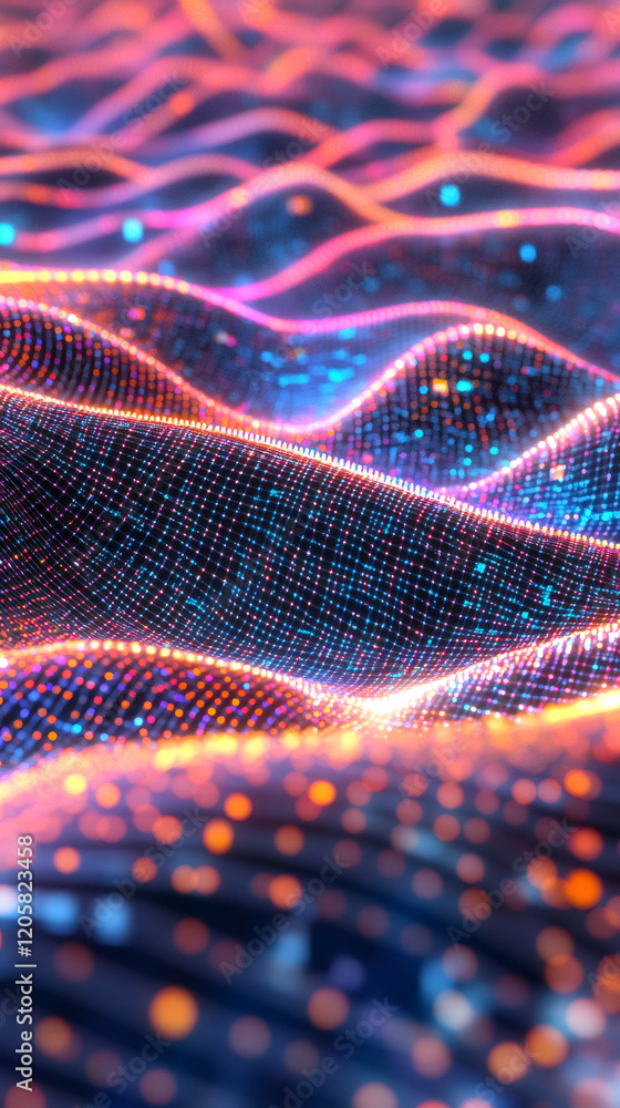 Leinwandbilder Abstract background representing data flow, blockchain technology or cyberspace with colorful digital particles forming waves