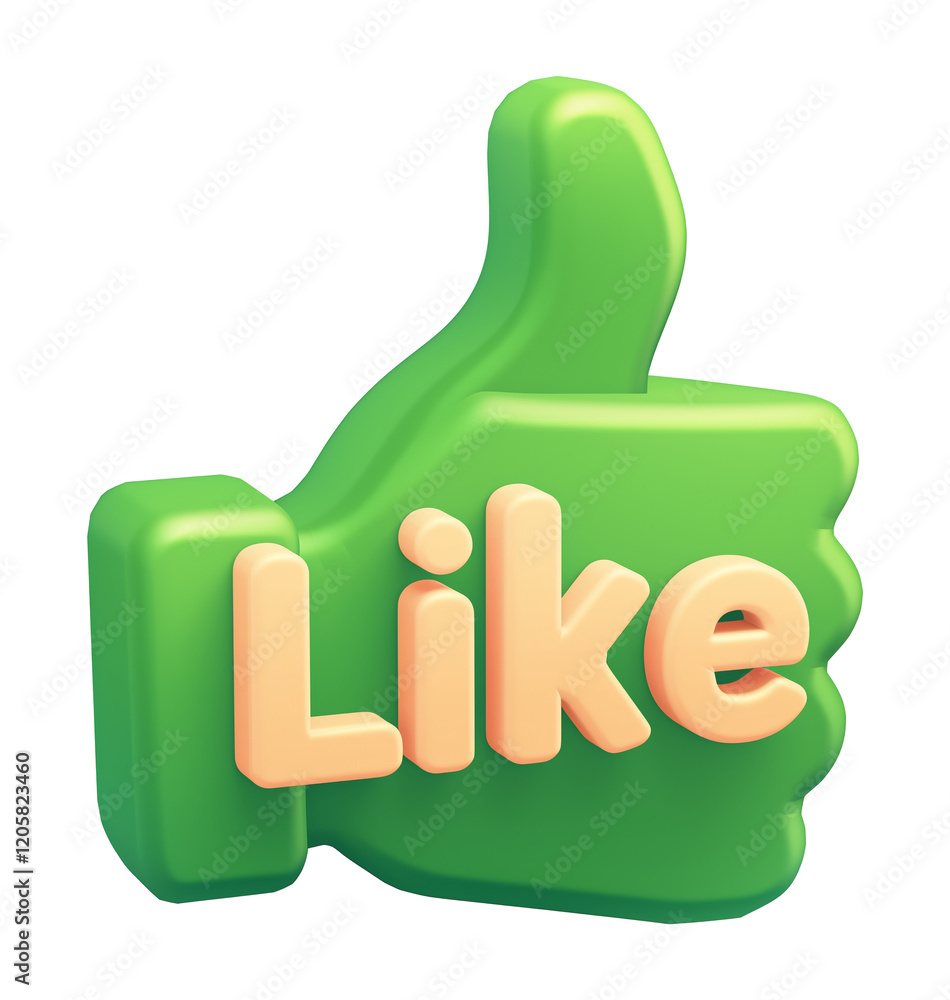 Poster 3d green thumbs up icon with word like in bold letters, symbolizing approval or agreement. icon feat