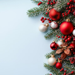 Decorative holiday arrangement featuring red and white ornaments amid festive greenery against a light blue background