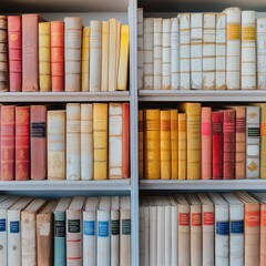 Naklejka premium A stylish, well-organized bookshelf with colorful binders and decor elements. Perfect for modern office or home decor inspiration.