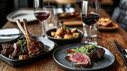 Fine dining experience with gourmet dishes and red wine