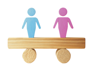 Balancing male and female gender symbols wooden scale studio conceptual minimalistic equality
