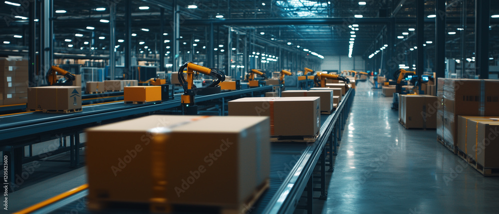 Poster high angle view of warehouse filled with automated conveyor systems and robotic arms efficiently han