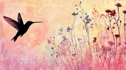 Hummingbird flying near colorful wildflowers at sunset in a serene garden landscape