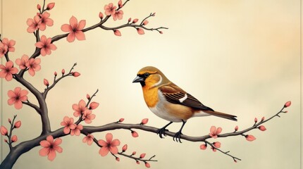 Fototapeta premium Sparrow on Blooming Tree Branches with Vintage Carpet