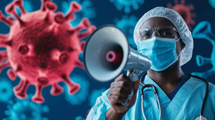 health worker in protective gear holds megaphone, emphasizing importance of communication during pandemic, with virus illustrations in background