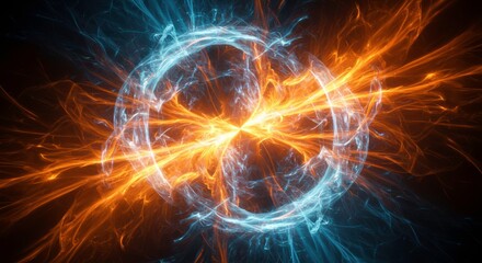Fototapeta premium Fiery Ice Orb: A mesmerizing digital artwork depicting a swirling orb of contrasting elements – fiery orange and cool blue energy intertwining.