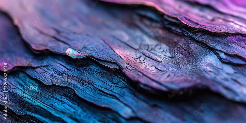 Poster macro shot of textured tree bark with vibrant blue and purple hues, showcasing intricate details and