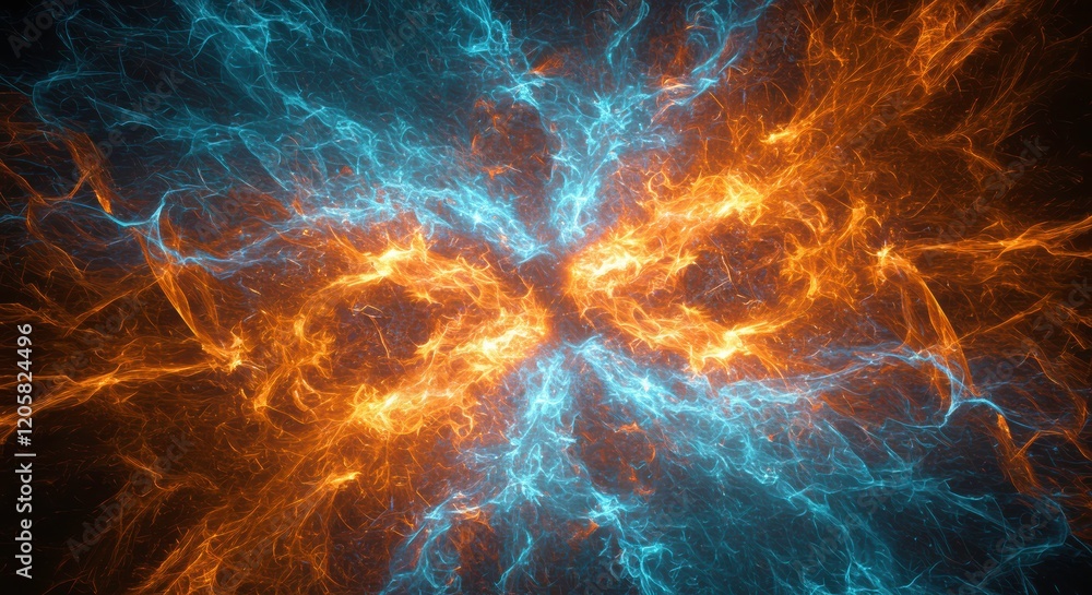 Poster fiery ice collision: an abstract fractal art image depicting a mesmerizing clash between fiery orang