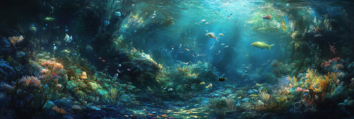 Fototapeta premium Vibrant underwater scene with coral reef and colorful fish.