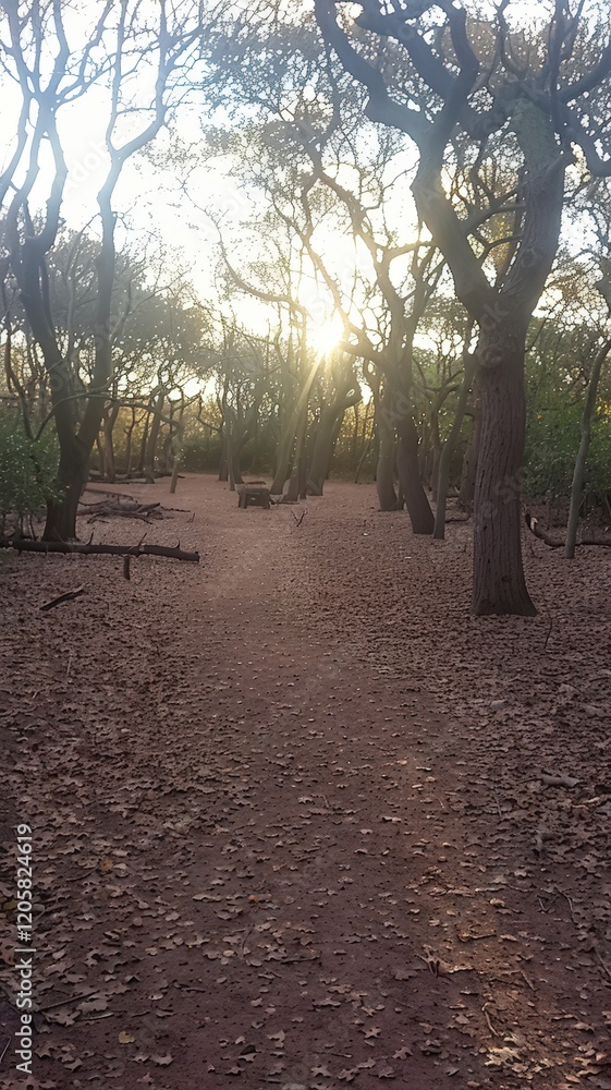 Poster a serene forest path lined with trees and littered with fallen leaves, illuminated by the warm glow 