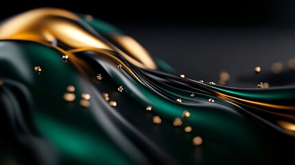 Abstract Emerald and Gold Liquid Wave with Golden Spheres