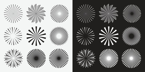 Vintage sunburst collection. Retro Sun burst shapes. Bursting sun rays. Vintage light starburst labels, badges, Fireworks element. Radial sunset beams.
