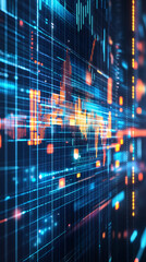 Fototapeta premium Futuristic visualization of data processing with flowing digital information, graphs, and charts on a dynamic interface