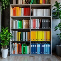 Fototapeta premium A stylish, well-organized bookshelf with colorful binders and decor elements. Perfect for modern office or home decor inspiration.