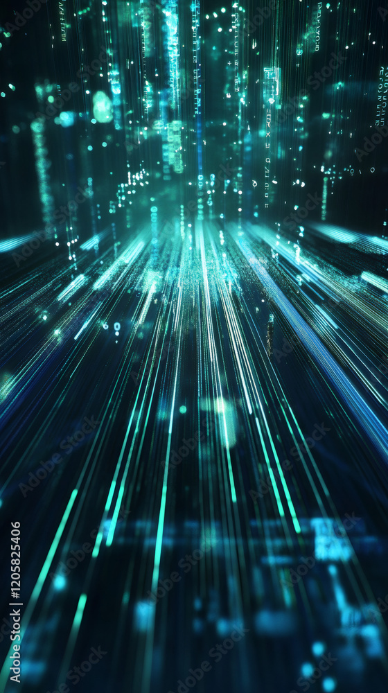 Poster light trails and binary code creating a digital rain effect on a dark background, perfect for techno
