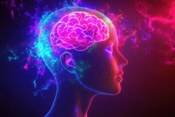 Fototapeta premium Vibrant illustration of a human head with a glowing brain and colorful cosmic elements
