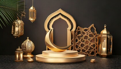 Ramadan Kareem podium with golden moon star and