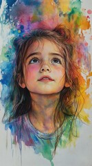 Artistic watercolor painting of a young girl with charming blue eyes and delicate features..