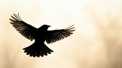 Naklejka premium A sleek silhouette of a bird in flight against a light beige backdrop, creating a peaceful and quiet ambiance. 