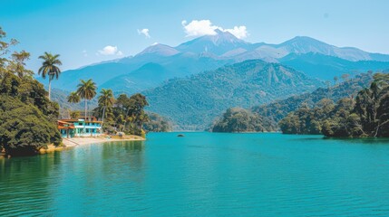 Obraz premium A serene lake surrounded by lush mountains and palm trees, reflecting a clear blue sky, creating a picturesque natural landscape.