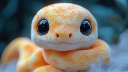 A standing chibi-style snake plush toy, soft and fluffy texture, smooth fabric, no scales, upright posture, playful and cuddly design, blind box collectible