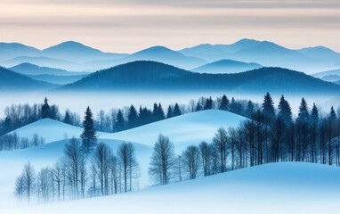 Fototapeta premium Serene winter landscape photography in foggy mountains nature scene calm environment scenic view