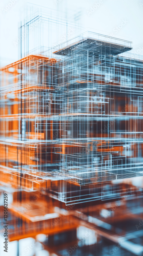 Poster Complex wireframe rendering of a modern building showing its structure during the design and planning phase