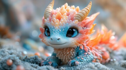 Q-version dragon, blind box design, OC render, ultra-high detail, C4D modeling, 8K resolution, 3D plush toy, soft fluffy scales, cute horns, fantasy style, pure color background, 