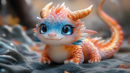Q-version dragon, blind box design, OC render, ultra-high detail, C4D modeling, 8K resolution, 3D plush toy, soft fluffy scales, cute horns, fantasy style, pure color background, 