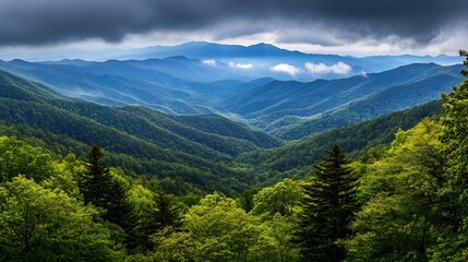Fototapeta premium Breathtaking Panoramic View of Lush Green Mountain Landscape with Dramatic Sky at Sunset