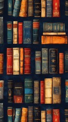 A vibrant and seamless book-themed pattern featuring colorful books arranged like a bookcase, perfect for lively backgrounds, decor, and educational themes.