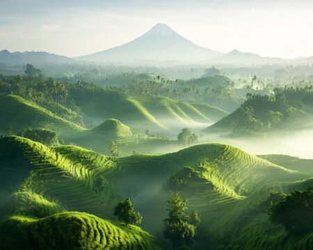 Lush Green Tea Plantation Landscape with Misty Mountain in Java Island Indonesia