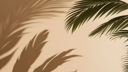 Summer minimal background with shadow from natural palm leaf. Pastel colored aesthetic photo with palm plant 