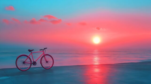 A bicycle is parked on the beach at sunset