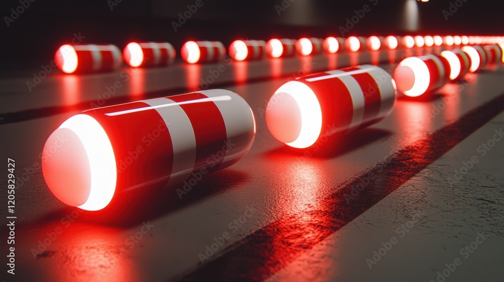 Aufkleber glowing red and white capsules rolling on dark surface futuristic abstract background with motion an