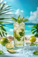 Fototapeta premium Tropical Mojito Cocktail with Fresh Limes and Mint