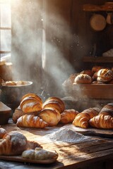 Rustic Bakery with Freshly Baked Croissants and Flour Dust