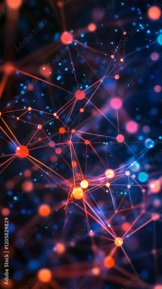 Poster complex structures forming with glowing dots and interconnected lines, creating a vibrant and futuri