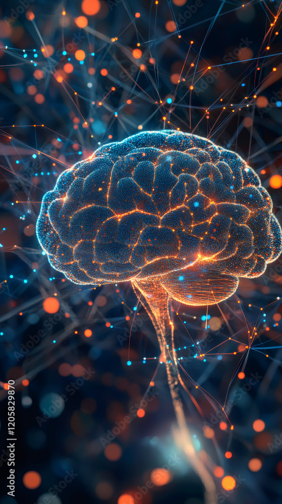 Aufkleber glowing blue and orange human brain connected with neural network and bright dots on dark background