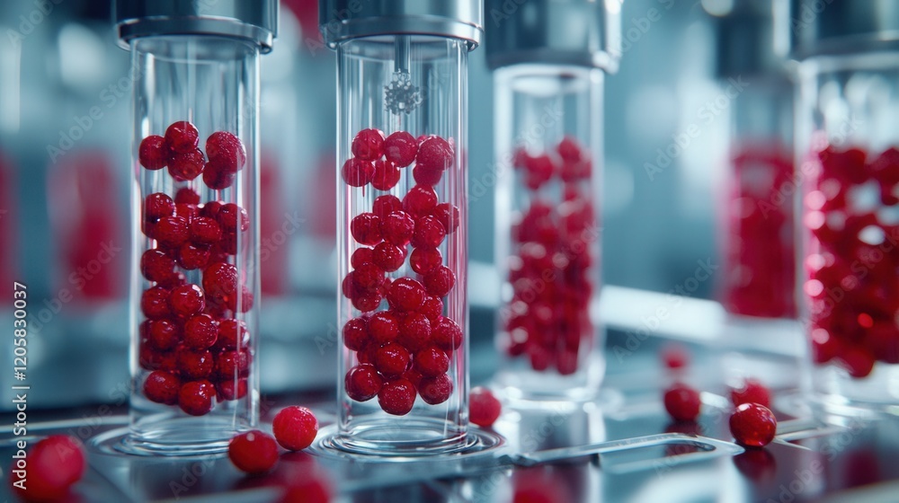 Poster precise red spheres in motion within a technological system