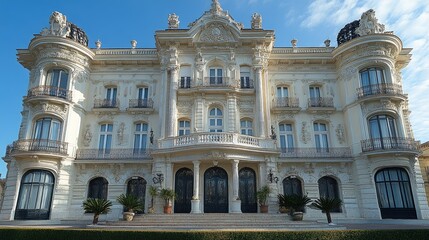 Elegant historic mansion with ornate architecture, lush greenery, and clear blue sky in the background