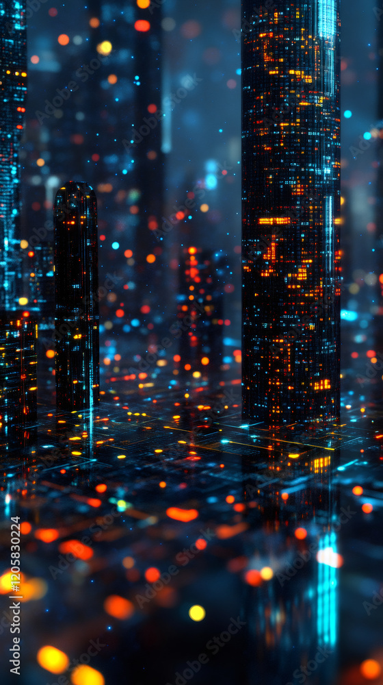 Poster futuristic cityscape at night, illuminated by vibrant lights and digital data streams, creating a me