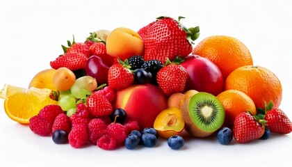 Obraz premium Heap of different fruits and berries isolated on white background