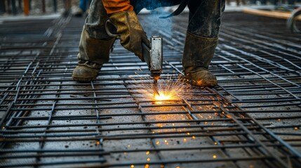 A detailed shot of a construction worker welding steel reinforcements for a residential building foundation, Residential construction scene, Structural reinforcement style