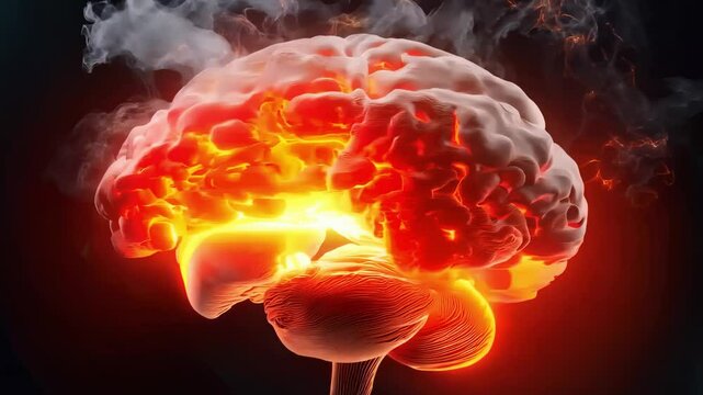 Witness the extraordinary visualization of a brain ignited with brilliant light and swirling smoke, representing the power of human thought and creativity.