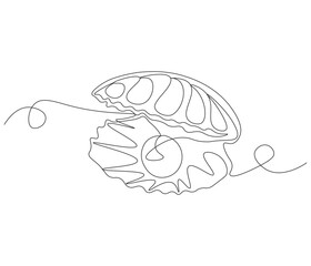 Continuous one line drawing of open pearl shell . Single line drawing illustration of an oyster .  Modern minimalist badge icon or logo with abstract color shapes . Doodle line illustration.