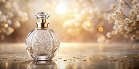 Elegant Perfume Bottle on a Golden Surface with Soft Lighting and Delicate Floral Accents