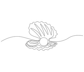 Continuous one line drawing of open pearl shell . Single line drawing illustration of an oyster .  Modern minimalist badge icon or logo with abstract color shapes . Doodle line illustration.